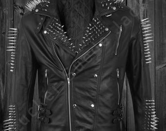 Chaqueta de cuero vacuno con tachuelas estilo punk hecha a mano: Chaqueta de motociclista con tachuelas estilo steampunk
