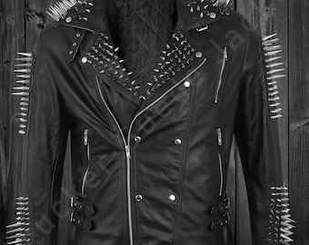 Chaqueta de cuero negro con tachuelas hecha a mano: estilo punk, gótico y steampunk