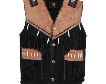 May include: Black suede vest with tan suede yoke and pocket accents. The vest features decorative fringe, white bead accents, and silver-tone buttons. The vest has a V-neck and is sleeveless. The vest is labeled "Genuine Leather".