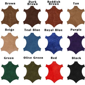 Op de afbeelding: Een kleurenkaart met 12 verschillende lederen swatches in verschillende kleuren, waaronder bruin, beige, tealblauw, koninklijkblauw, paars, groen, olijfgroen, rood en zwart.