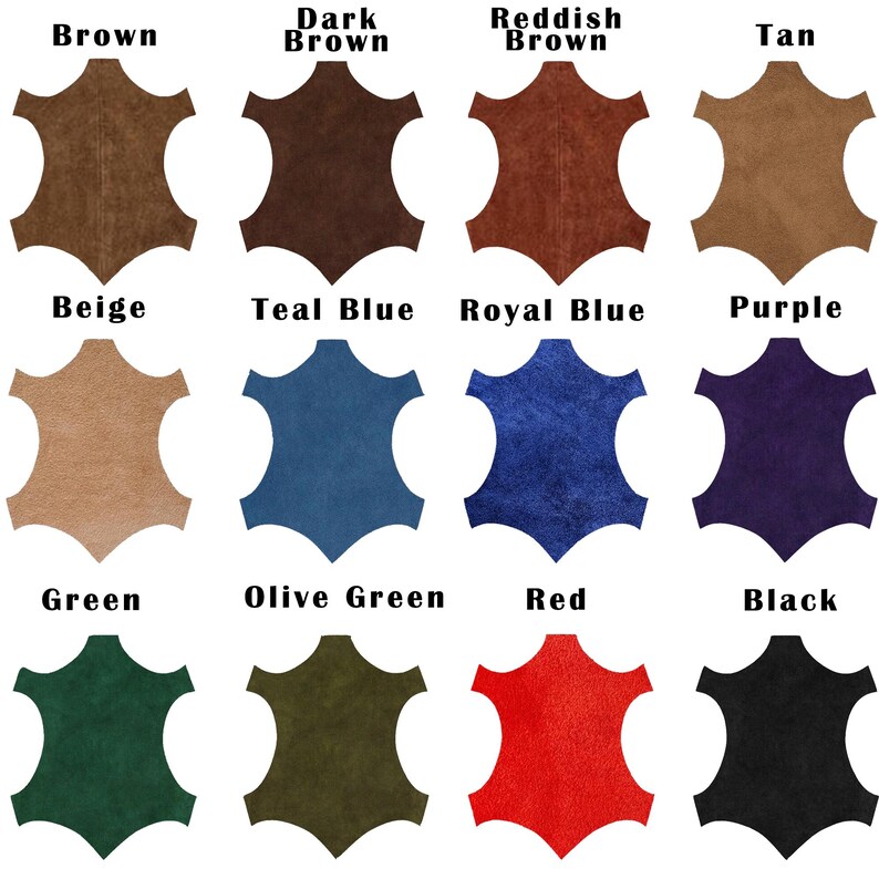 Op de afbeelding: Een kleurenkaart met 12 verschillende lederen swatches in verschillende kleuren, waaronder bruin, beige, tealblauw, koninklijkblauw, paars, groen, olijfgroen, rood en zwart.
