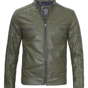 Olive Green Lambskin Leather Biker Jacket: Men&#39;s Moto Style
