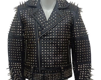 Chaqueta punk de piel de vaca con tachuelas para hombre, hecha a mano: estilo motero gótico con púas