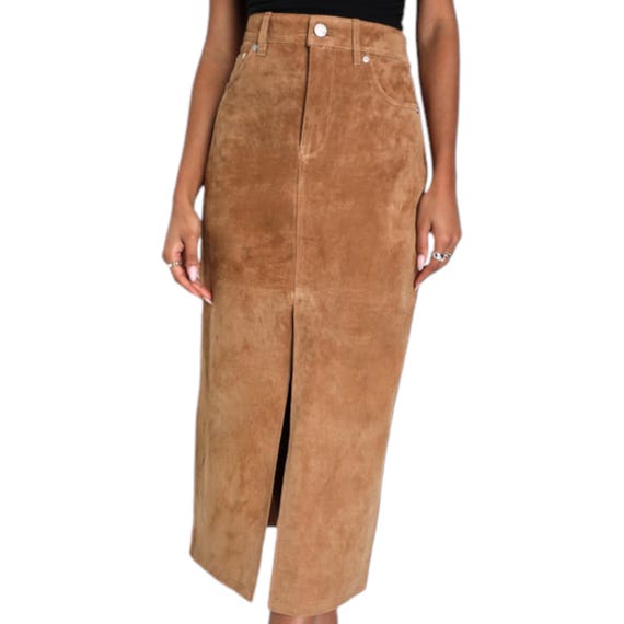 【NONCODE】Wuin Suede Belt Skirt Suede Skirt-women's Genuine Real Suede Leather Skirt Brown