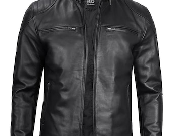 Black Sheepskin Cafe Racer Jacket: Slim Fit Moto Biker Outerwear