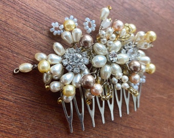 Handmade Vintage Inspired Pearl Crystal and Beaded Hair Comb Bridal Bridesmaid