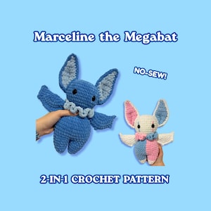Può includere: Due pipistrelli di peluche realizzati all'uncinetto con il testo Marceline the Megabat e 2-in-1 crochet pattern. Un pipistrello è blu tinta unita con colletto azzurro, l'altro è bicolore bianco, rosa e blu. È incluso il testo NO-SEW.