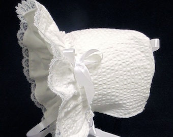 New Handmade White Puffy Searsucker Baby Bonnet