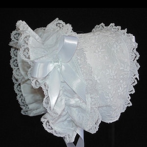 New Handmade White Cotton with Raised Floral Embroidery Double Lace Front Baby Bonnet