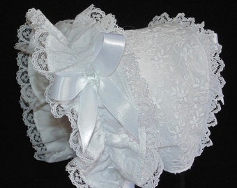 New Handmade White Cotton with Raised Floral Embroidery Double Lace Front Baby Bonnet