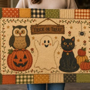 Puede incluir: Un felpudo rectangular con un borde de patchwork de cuadrados naranjas, verdes y negros con estrellas. El centro muestra un búho sobre una calabaza, un fantasma blanco y un gato negro con calabazas, además de un letrero que dice TRICK OR TREAT.