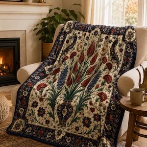Turkish Throw Blanket | Iznik Tulip Floral Pattern | Soft Plush Blanket | Boho Home Decor | Housewarming Wedding Gift Idea