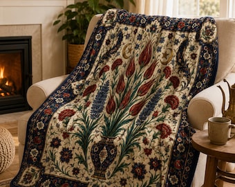 Turkish Throw Blanket, Iznik Tulip Floral Pattern, Soft Plush Blanket, Boho Home Decor, Housewarming Wedding Gift Idea, Anatolian Gift