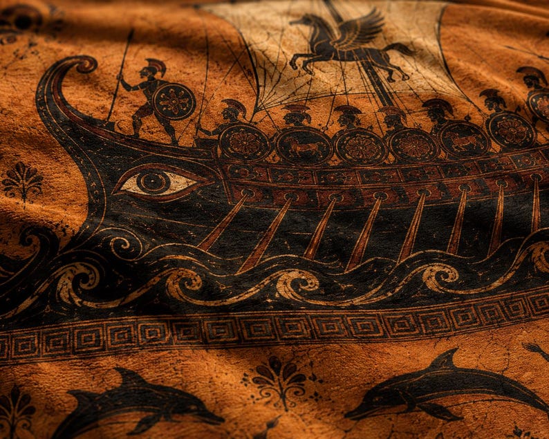 Manta de la Odisea, manta con diseño de jarrón griego, guerreros del barco de Odiseo, decoración de la mitología griega, regalo de estilo Dark Academia, sirena hoplita de la Antigua Grecia imagen 6