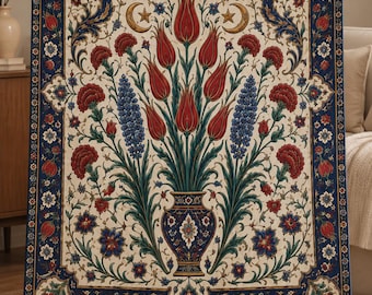 Manta turca, estampado floral de tulipanes de Iznik, manta suave y afelpada, decoración bohemia para el hogar, idea de regalo para inauguración de casa o boda, regalo de Anatolia