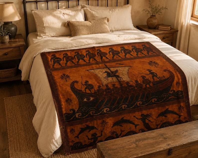 Manta de la Odisea, manta con diseño de jarrón griego, guerreros del barco de Odiseo, decoración de la mitología griega, regalo de estilo Dark Academia, sirena hoplita de la Antigua Grecia imagen 5