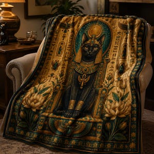 Egyptian Cat Blanket, Bastet Goddess Throw, Ancient Egypt Home Decor, Egyptian Gift, Soft Plush Blanket, Cat Lover Gift Idea, Divine Gift image 1
