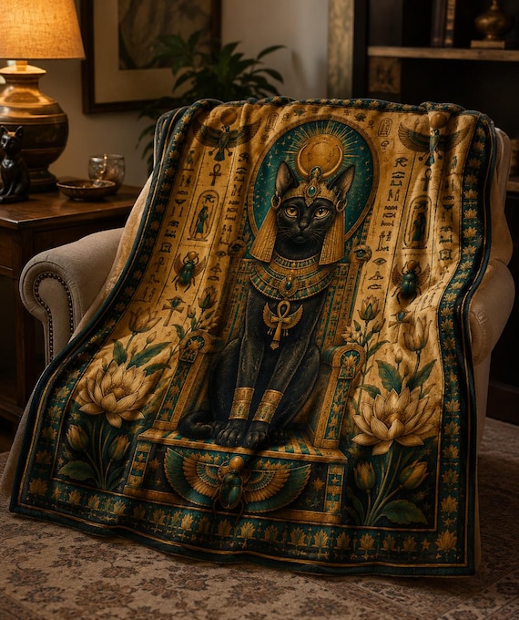 Egyptian Cat Blanket | Bastet Goddess Throw | Ancient Egypt Home Decor | Egyptian Gift | Soft Plush Blanket | Cat Lover Gift Idea