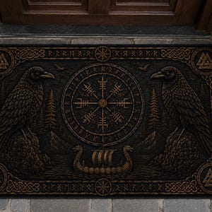 Puede incluir: Una alfombra rectangular negra con un diseño vikingo detallado. Dos cuervos flanquean un símbolo de brújula central, con un barco vikingo debajo. El borde presenta patrones y símbolos geométricos, creando una estética nórdica rústica.