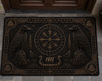 Viking Raven Doormat, Norse Vegvisir Mat, Odin Raven Decor, Nordic Entry Rug, Gothic Viking Home Decor Gift