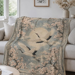 Japanese Crane Throw Blanket | Cherry Blossom Blanket | Japanese Home Decor | Soft Plush Blanket | Gift For Her | Zen Decor