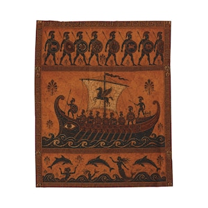 Manta de la Odisea, manta con diseño de jarrón griego, guerreros del barco de Odiseo, decoración de la mitología griega, regalo de estilo Dark Academia, sirena hoplita de la Antigua Grecia imagen 7
