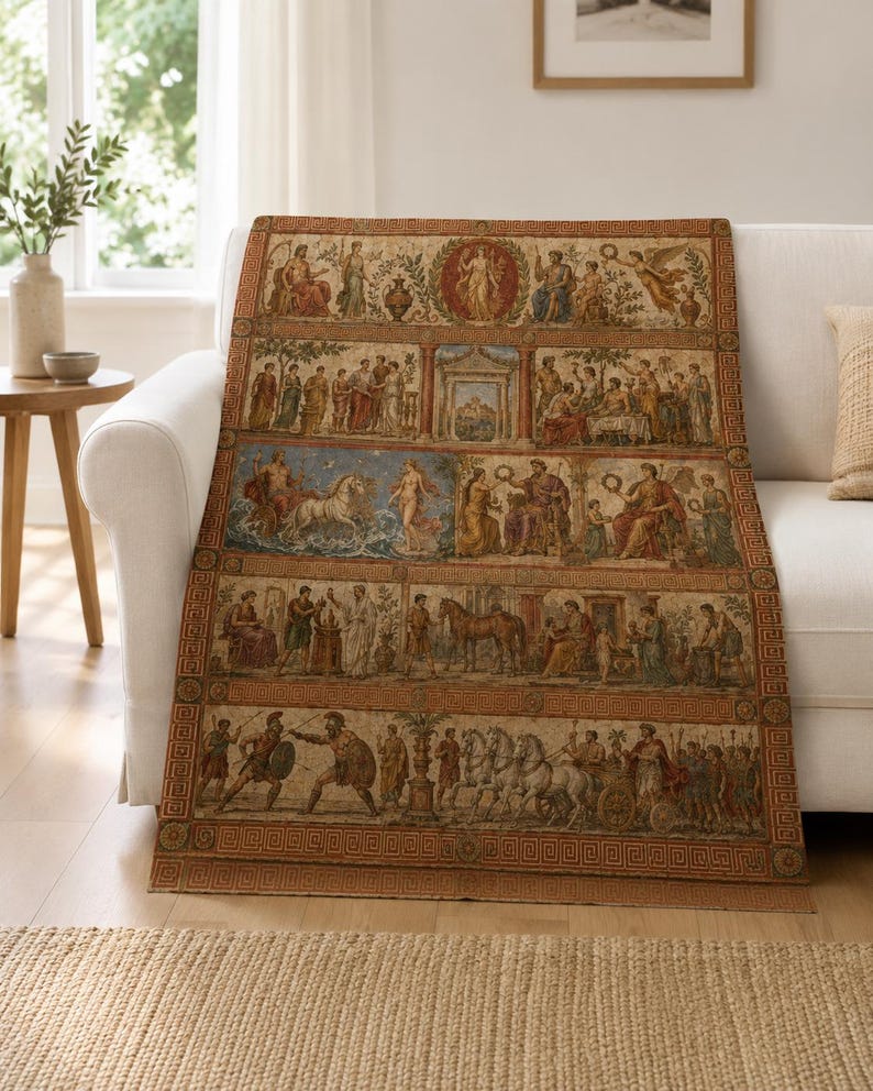 Roman Empire Blanket, Pompeii Fresco Throw, Ancient Rome Decor, History Buff Gift, Gladiator Chariot Mural, Classical Art Blanket, Italy image 2