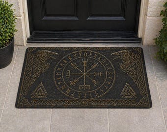Felpudo de mitología nórdica / Brújula Vegvisir, Odín y cuervos / Felpudo vikingo / Regalo de decoración nórdica para el hogar
