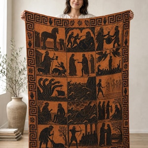 May include: A rectangular woven throw blanket featuring a terracotta orange background with black illustrations depicting scenes from Greek mythology. The border displays a classic Greek key pattern and amphora motifs, framing twelve distinct panels.