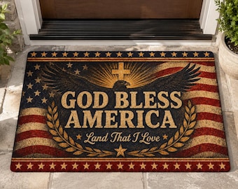 God Bless America Doormat, Patriotic Eagle Welcome Mat, Cross American Flag Door Mat, 4th of July Porch Decor, Religious Patriotic Decor