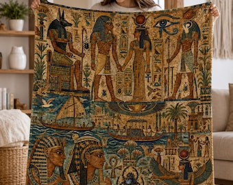 Egyptian Mosaic Blanket Ancient Pharaoh Fresco Throw Blanket Anubis Horus Nile Hieroglyphics Decor Cozy Soft Premium Gift