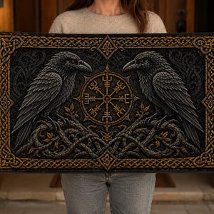 Könnte beinhalten: Ein rechteckiges Wandbild mit zwei detaillierten schwarzen Raben, die auf verschlungenen Zweigen sitzen. Zwischen den Vögeln befindet sich ein goldenes Vegvisir-Symbol. Das Design ist von einer goldenen und schwarzen keltischen Knotenbordüre umrahmt.