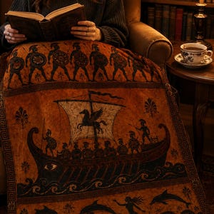 Manta de la Odisea, manta con diseño de jarrón griego, guerreros del barco de Odiseo, decoración de la mitología griega, regalo de estilo Dark Academia, sirena hoplita de la Antigua Grecia imagen 3