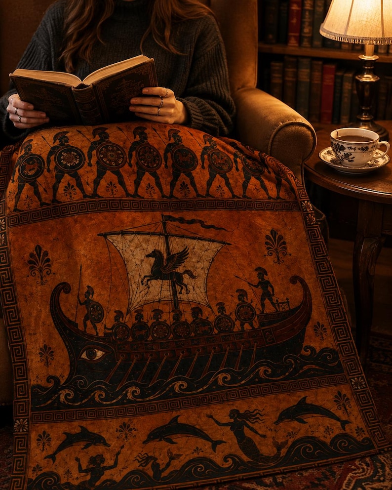 Manta de la Odisea, manta con diseño de jarrón griego, guerreros del barco de Odiseo, decoración de la mitología griega, regalo de estilo Dark Academia, sirena hoplita de la Antigua Grecia imagen 3
