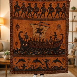 Può includere: Un tessuto rettangolare con sfondo color terracotta e illustrazioni nere in stile greco. Il design include una fila di soldati, una grande nave con una vela raffigurante Pegaso e una sezione inferiore che ritrae sirene e delfini.