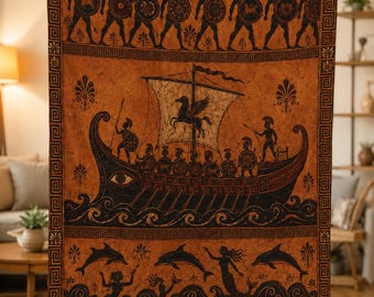 The Odyssey Blanket, Greek Vase Art Throw, Odysseus Ship Warriors, Greek Mythology Decor, Dark Academia Gift, Ancient Greece Hoplite Siren