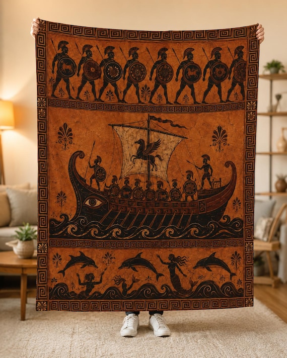 The Odyssey Blanket, Greek Vase Art Throw, Odysseus Ship Warriors, Greek Mythology Decor, Dark Academia Gift, Ancient Greece Hoplite Siren