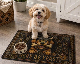 Viking Hundefutter Matte | Nordische Runen Hundenapf-Unterlage, Wikinger Geschenk für Hundebesitzer, Here Be Feast Hundenapf-Matte