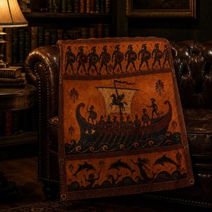 Manta de la Odisea, manta con diseño de jarrón griego, guerreros del barco de Odiseo, decoración de la mitología griega, regalo de estilo Dark Academia, sirena hoplita de la Antigua Grecia imagen 2