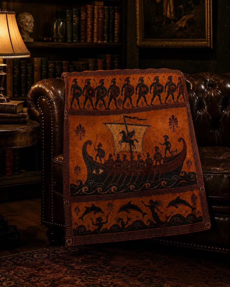 Manta de la Odisea, manta con diseño de jarrón griego, guerreros del barco de Odiseo, decoración de la mitología griega, regalo de estilo Dark Academia, sirena hoplita de la Antigua Grecia imagen 2