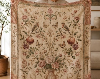 Roman Fresco Throw Blanket, Vintage Botanical Blanket, Cottagecore Home Decor, Floral Bird Blanket, Housewarming Gift For Her, Cozy Gift