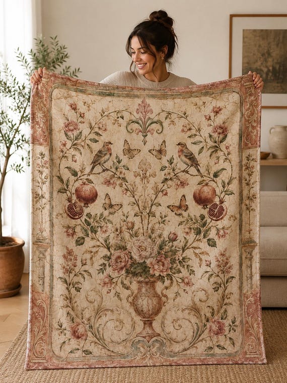 Roman Fresco Throw Blanket | Vintage Botanical Blanket | Cottagecore Home Decor | Floral Bird Blanket | Housewarming Gift For Her