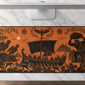 Può includere: Un tappetino da scrivania rettangolare con un'illustrazione nera e arancione nello stile della ceramica greca antica. Il design raffigura una nave a vela, un ciclope che regge un masso, sirene su rocce, delfini e un gufo in alto.