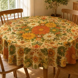 May include: A round tablecloth featuring a dense, repeating floral pattern in shades of orange, yellow, cream, and olive green. The design displays large central daisy-like flowers surrounded by smaller blossoms, foliage, and wavy lines.