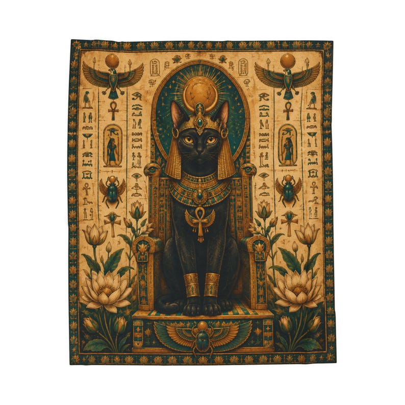 Egyptian Cat Blanket, Bastet Goddess Throw, Ancient Egypt Home Decor, Egyptian Gift, Soft Plush Blanket, Cat Lover Gift Idea, Divine Gift image 2