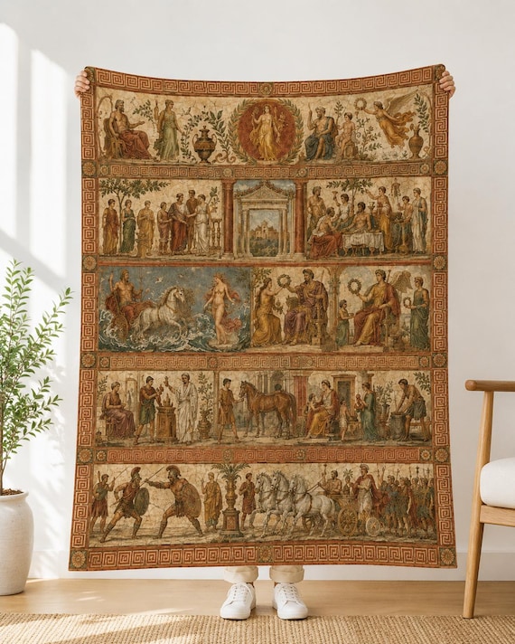 Roman Empire Blanket, Pompeii Fresco Throw, Ancient Rome Decor, History Buff Gift, Gladiator Chariot Mural, Classical Art Blanket, Italy
