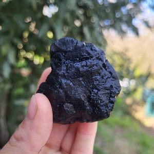 Op de afbeelding: Een donkere, onregelmatig gevormde rots met een glanzend, nat uiterlijk. De rots wordt in een hand gehouden, met een vage groene achtergrond van bladeren en gras.
