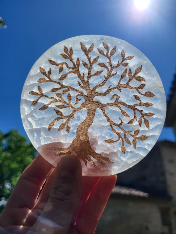 Palet de sélénite arbre de vie doré, plaque de charge en sélénite, plaque de charge en cristal pour la purification des bijoux et minéraux