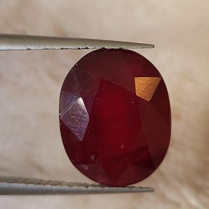 Op de afbeelding: Een gefacetteerde, ovaalvormige, dieprode edelsteen wordt vastgehouden door een pincet. De edelsteen heeft een gepolijst oppervlak met meerdere facetten die licht reflecteren. Een kleine, goudkleurige vlek is zichtbaar.