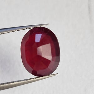 Op de afbeelding: Een gefacetteerde, ovaalvormige robijn edelsteen, vastgehouden door een pincet. De robijn heeft een diepe, rijke rode kleur, met meerdere facetten die het licht vangen. De pincet is zilverkleurig en houdt de edelsteen tegen een witte achtergrond.